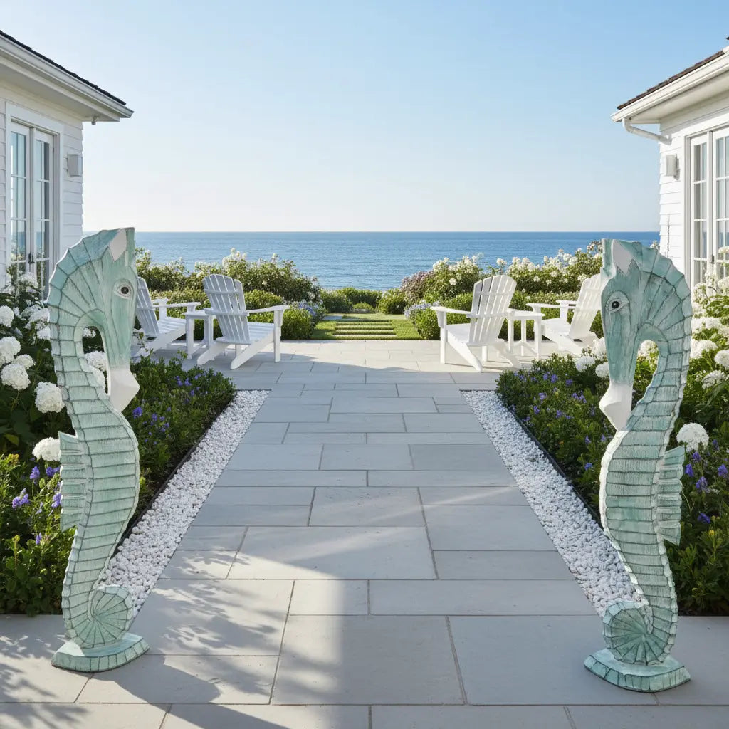 Two teal hand-carved seahorse coastal wood sculptures flank a stone path toward an ocean-view garden.