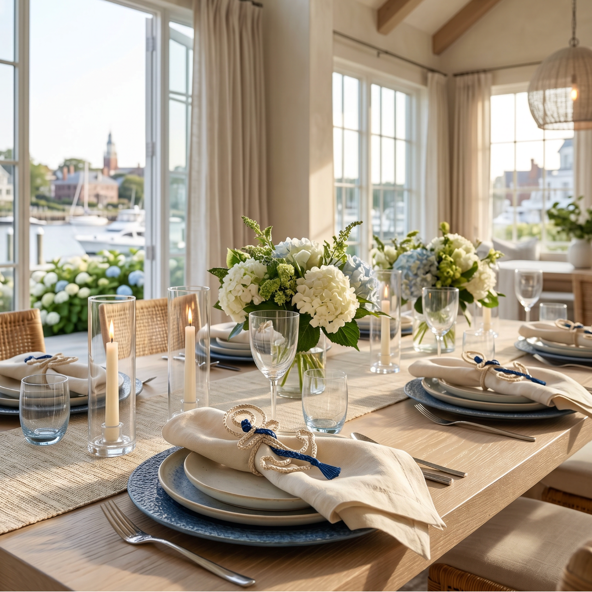 Navy anchor napkin rings styled on a beach house table with striped cloth napkins.