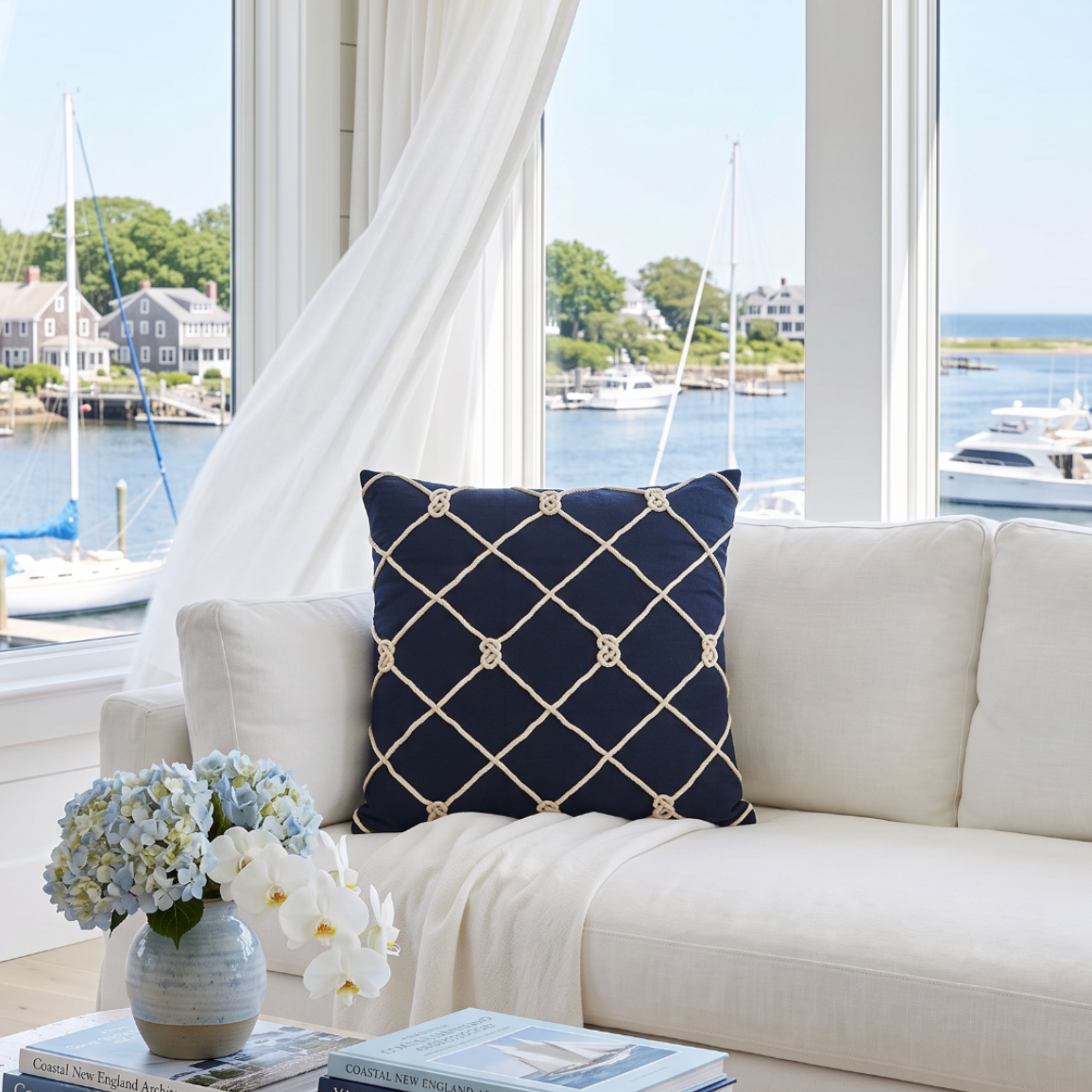 Nautical rope grid pillow in navy and sand hues, perfect for beach house living rooms.