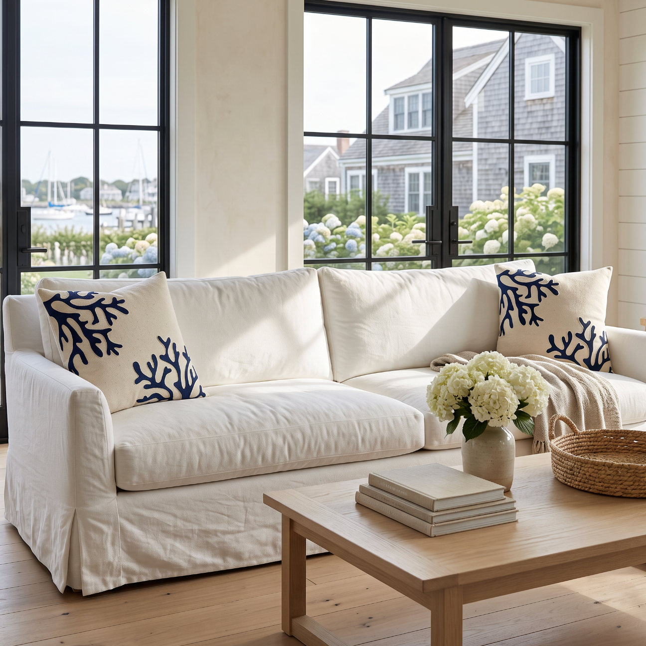 Navy embroidered coral throw pillow that brings reef‑inspired texture to beach house decor.