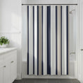 Harborline shower curtain with navy and taupe horizontal stripes on a bright white ground.