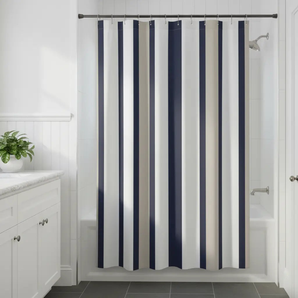 Harborline shower curtain with navy and taupe horizontal stripes on a bright white ground.