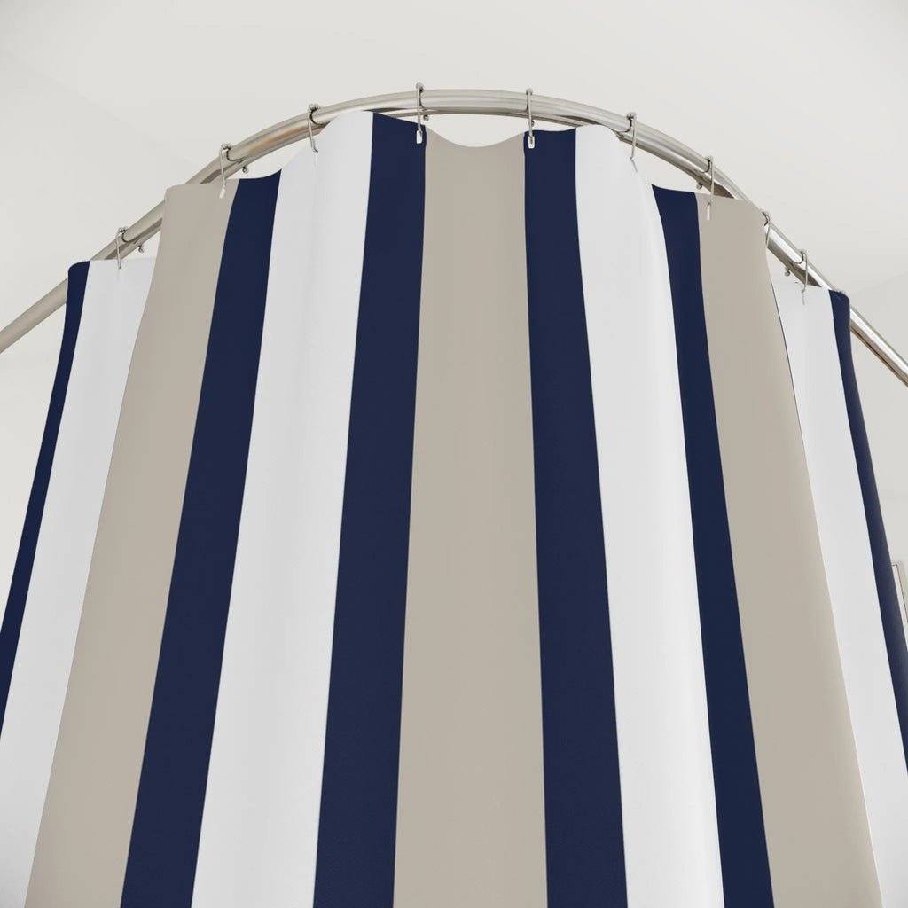 Harborline Shower Curtain in navy, taupe, and white horizontal stripes on a white ground.
