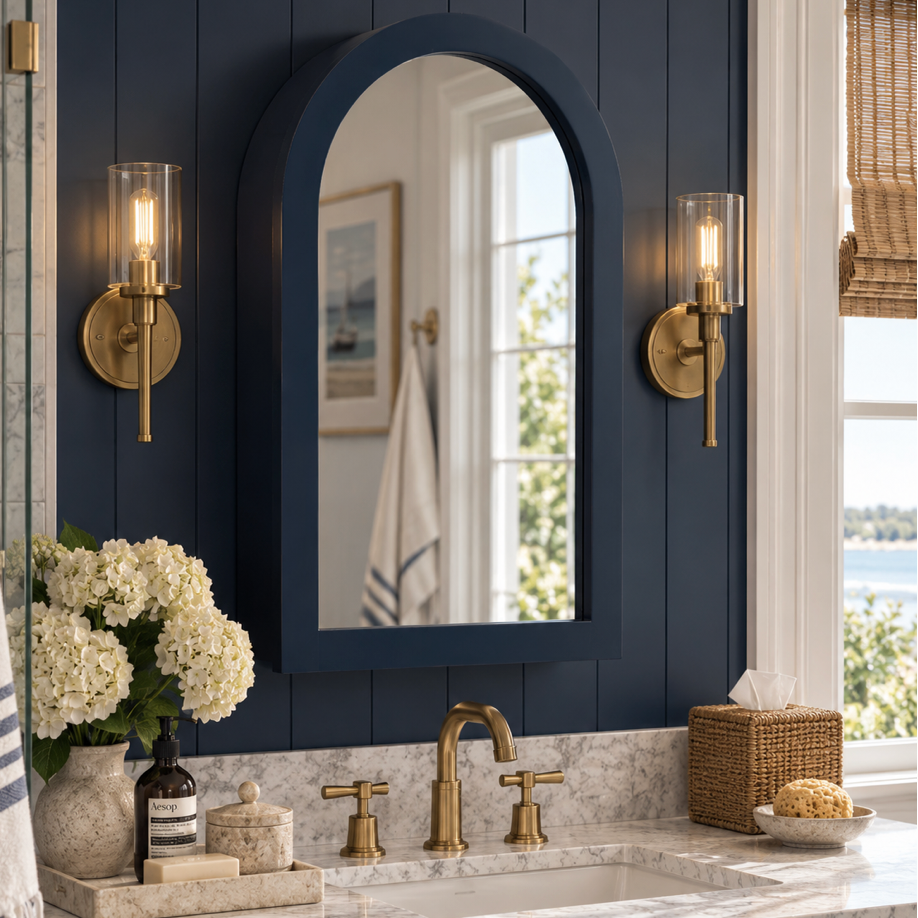 Navy blue arched entryway mirror with a substantial curved frame for a classic coastal foyer