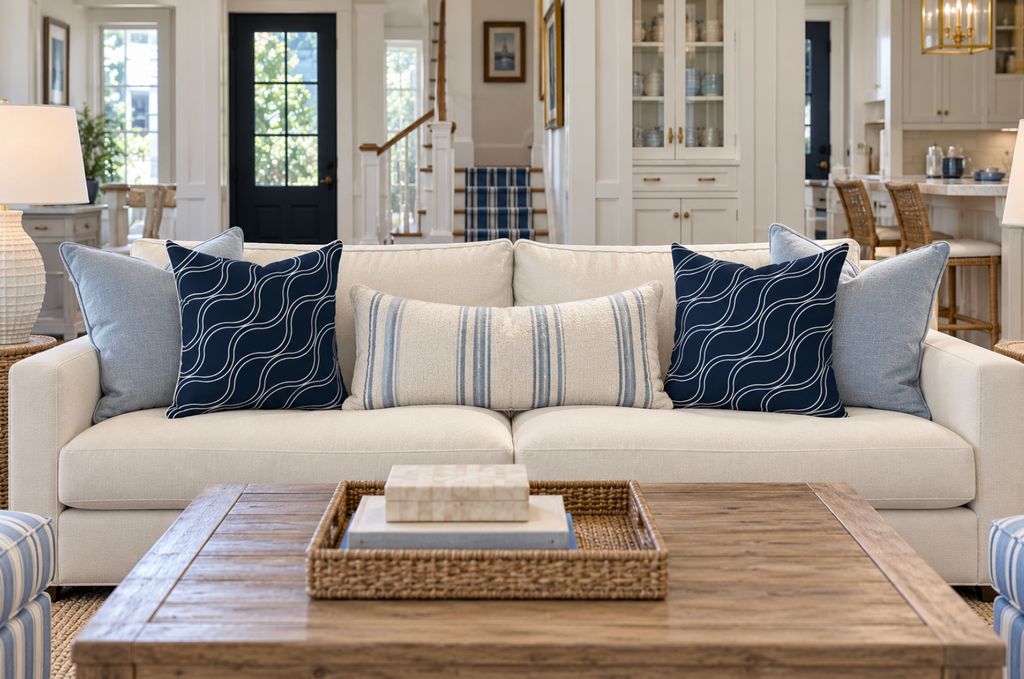 Navy blue wave-patterned throw pillow for a stylish beach house living room.
