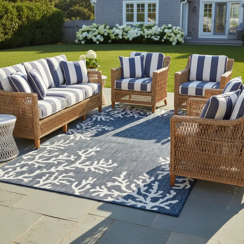 Outdoor patio set with wicker furniture and striped cushions on a blue and white patterned coastal rug.