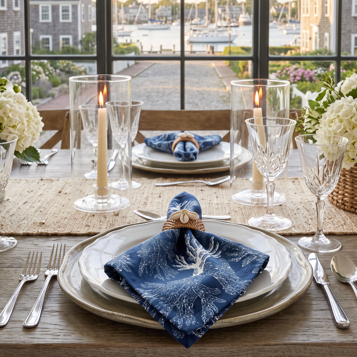 Navy blue polyester dinner napkins featuring a striking coral motif for coastal‑inspired table settings.
