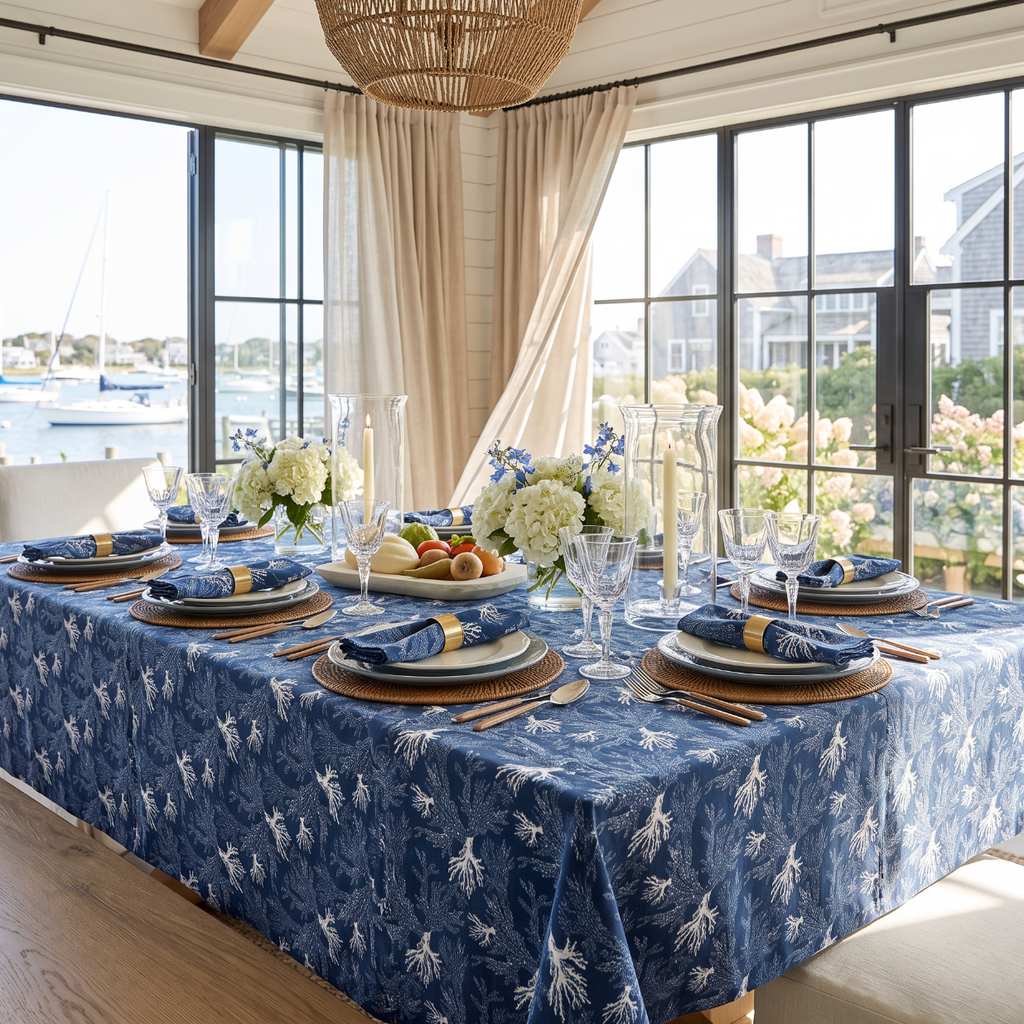 Sea Coral navy tablecloth that pair beautifully with coastal centerpieces and themed décor.