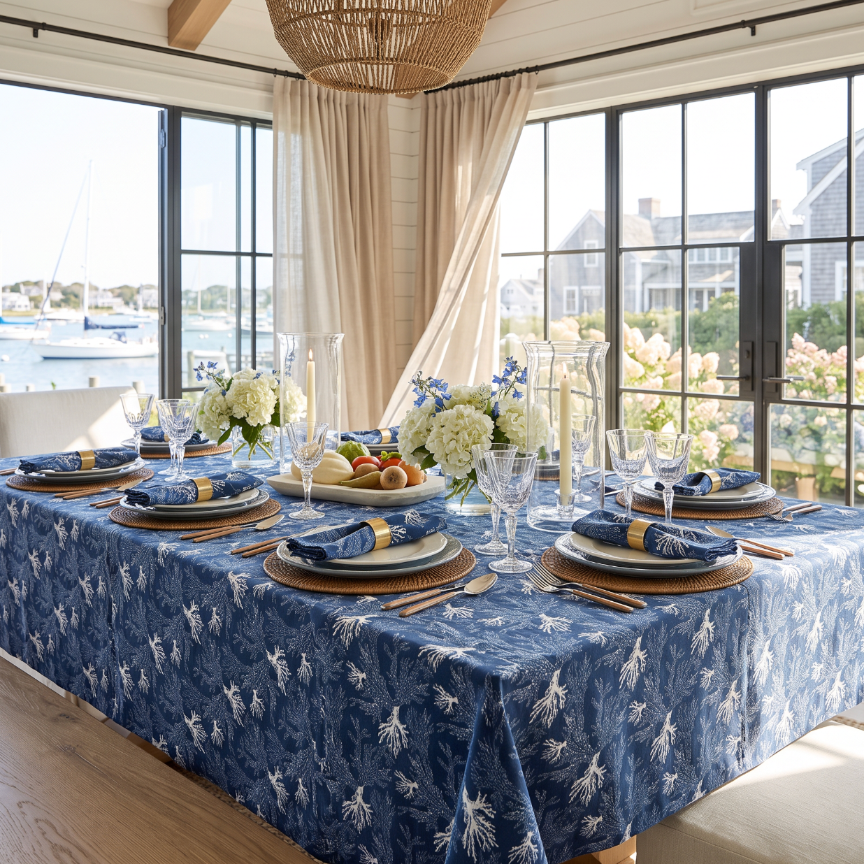 Sea Coral navy tablecloth that pair beautifully with coastal centerpieces and themed décor.