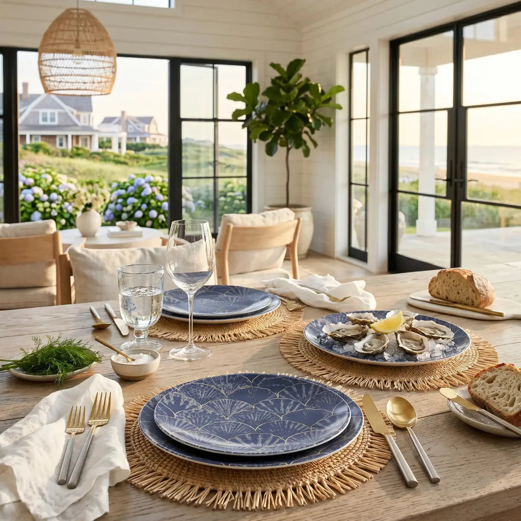 Navy blue seashell dinner plate styled on a beach house dining table.