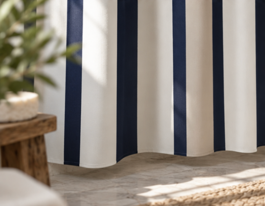 Navy blue striped shower curtain for elegant coastal bathroom decor