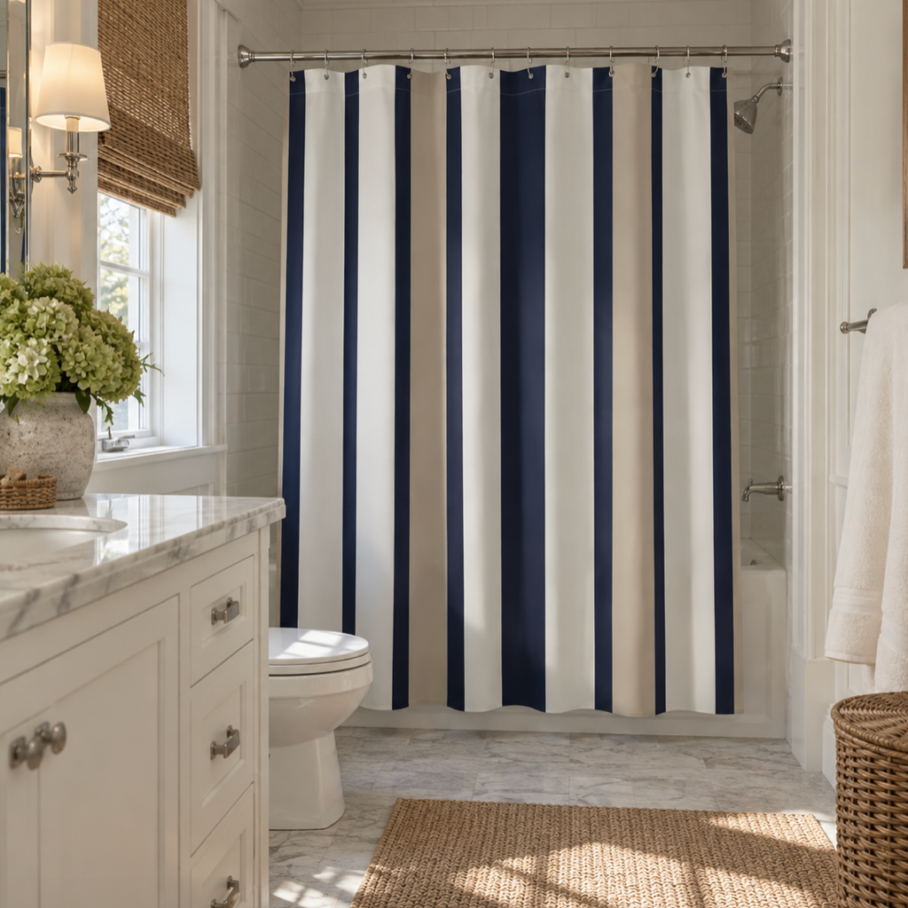 Navy blue and tan striped shower curtain for coastal bathroom decor