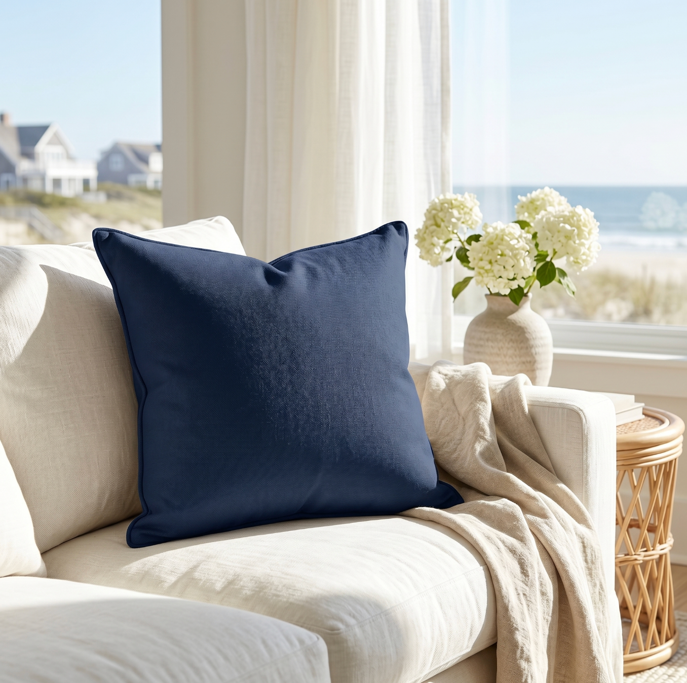 Solid navy pillow on a sofa with soft neutral textiles in a beach house living room