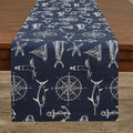 Navy coastal pattern table runner on a nautical dining table with white dinnerware
