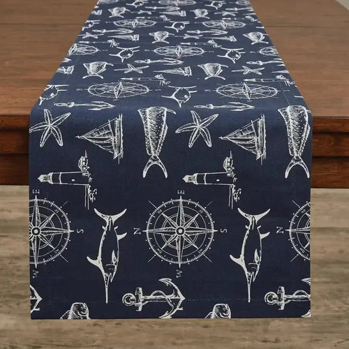 Navy coastal pattern table runner on a nautical dining table with white dinnerware