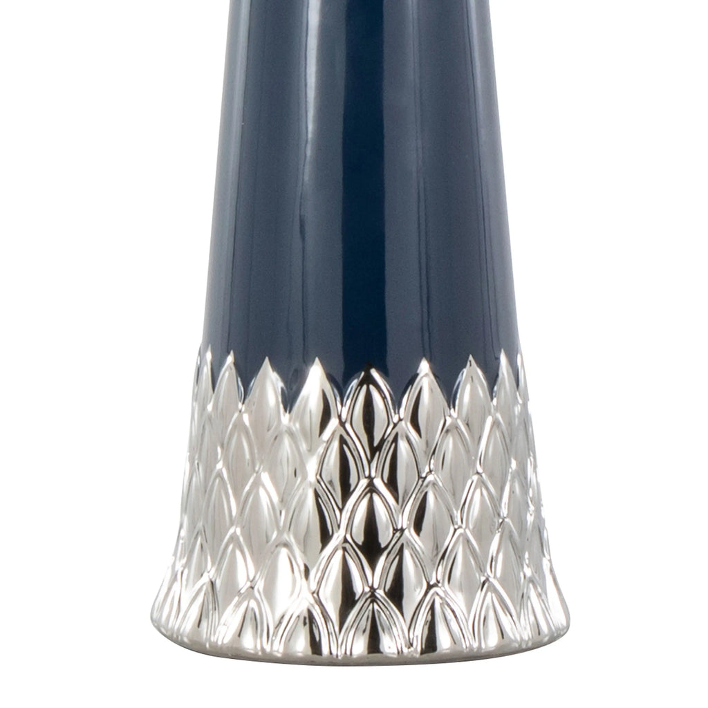 Close Up of Navy Blue lamp with silver accents