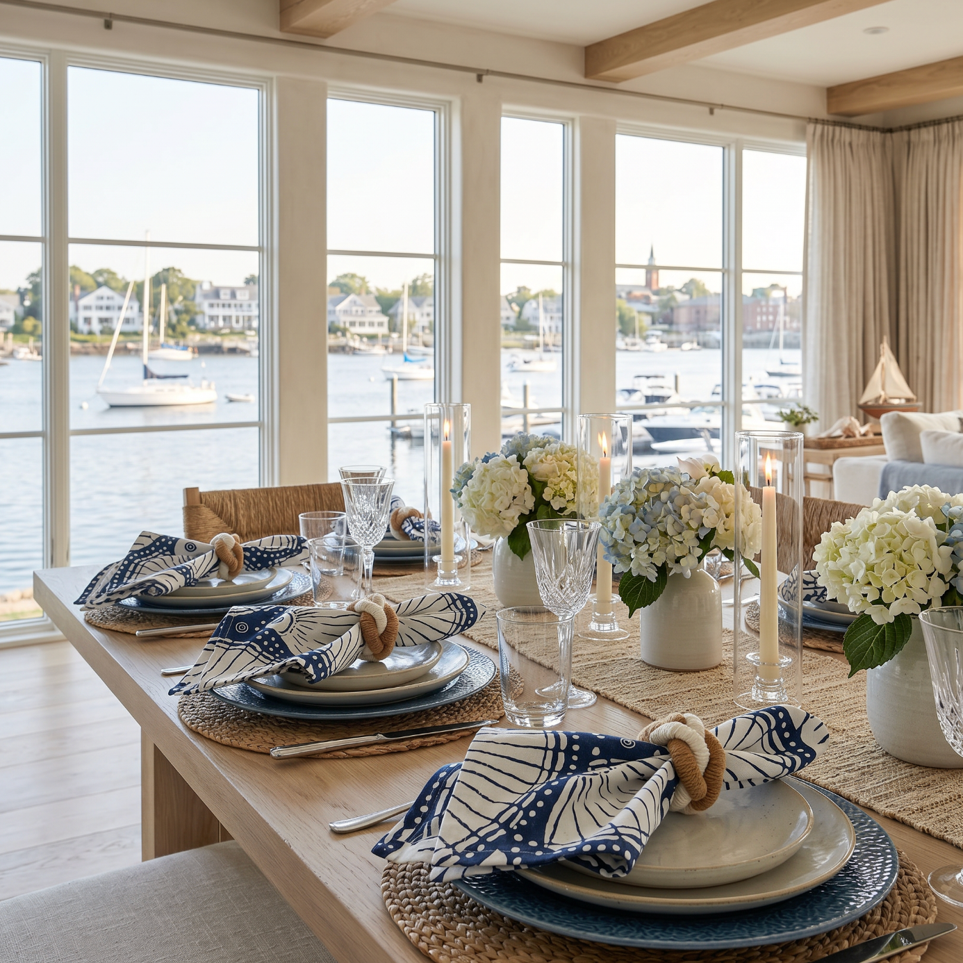 Navy seashell pattern linen dinner napkins folded on white plates for a nautical table.