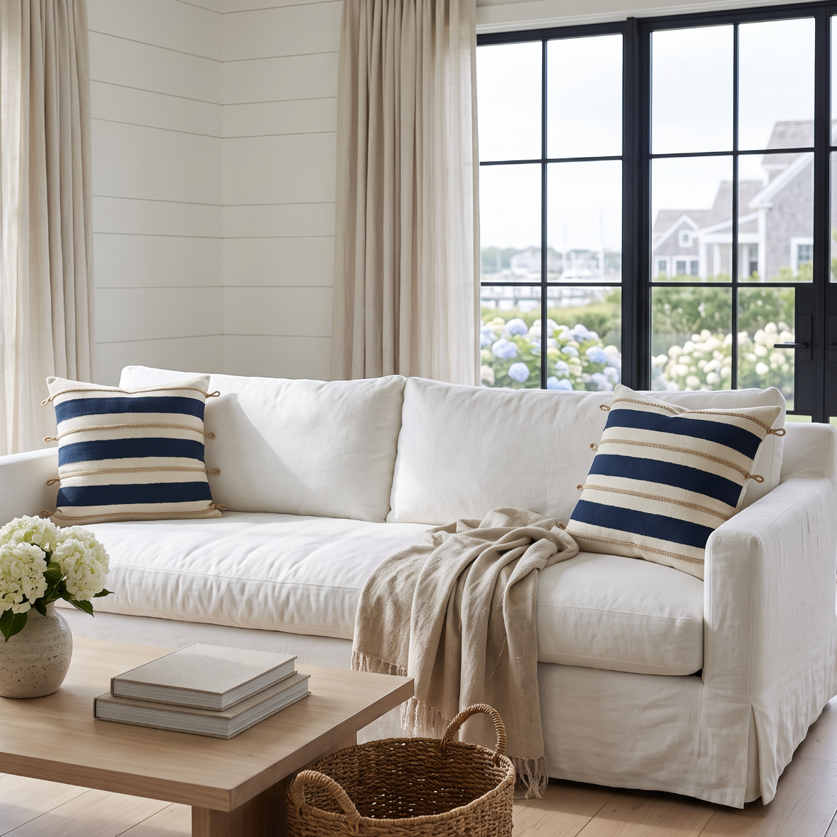 Navy decorative throw pillow with rope knot appliqué adding coastal character to the sofa.