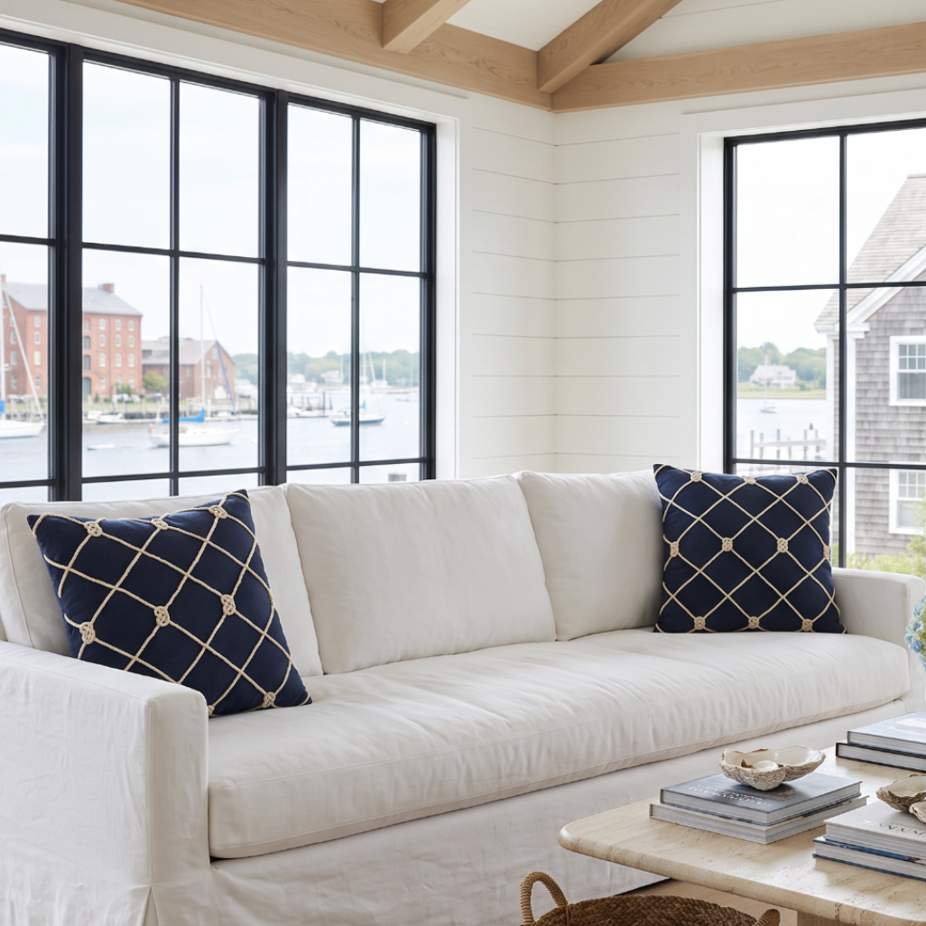 Maritime‑style navy cushion with natural rope knots creating a subtle coastal statement.