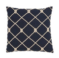 Navy square pillow with a natural rope lattice forming diamonds and small knots at each crossing.