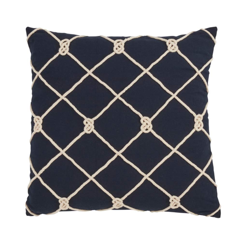 Navy square pillow with a natural rope lattice forming diamonds and small knots at each crossing.
