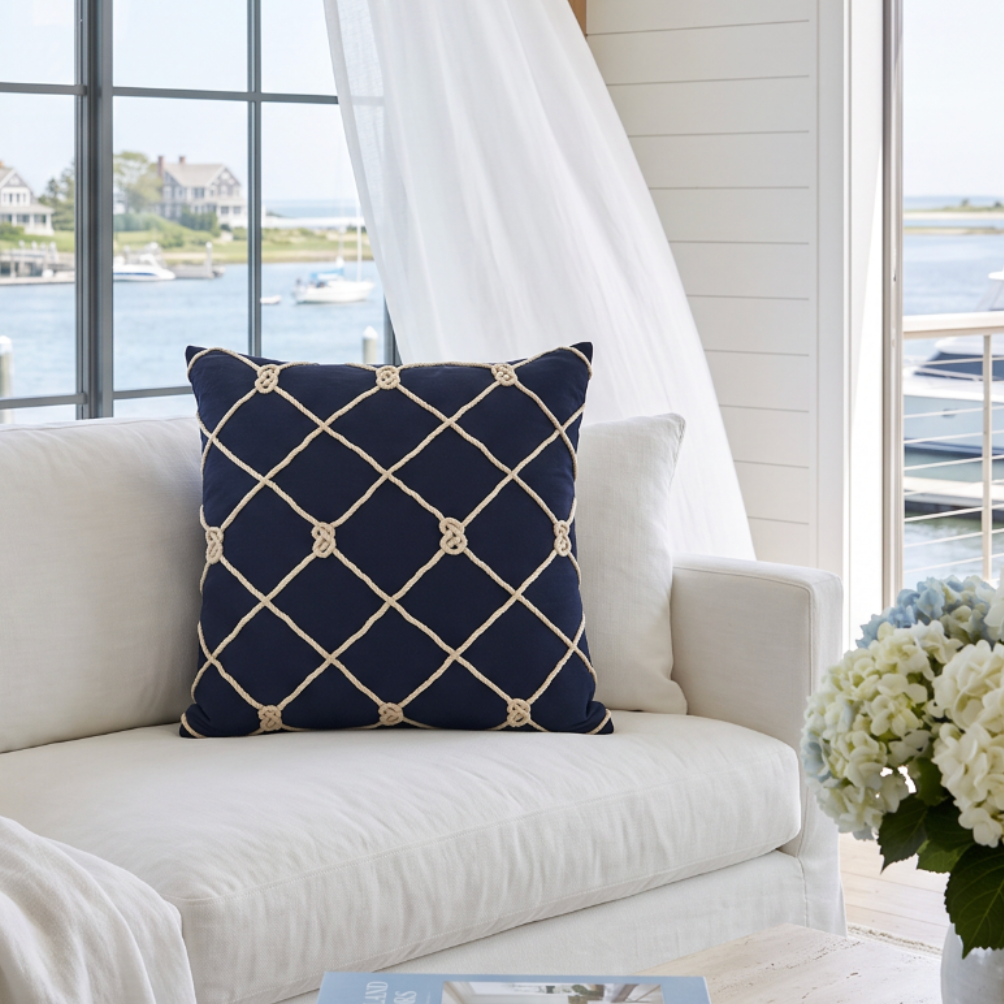 Square navy pillow featuring a raised rope diamond pattern that adds tactile interest.