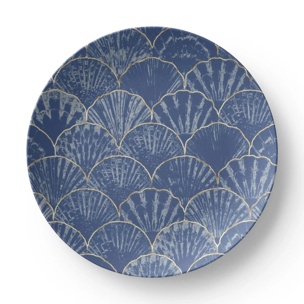 Navy seashell ceramic dinner plate with ocean-inspired design