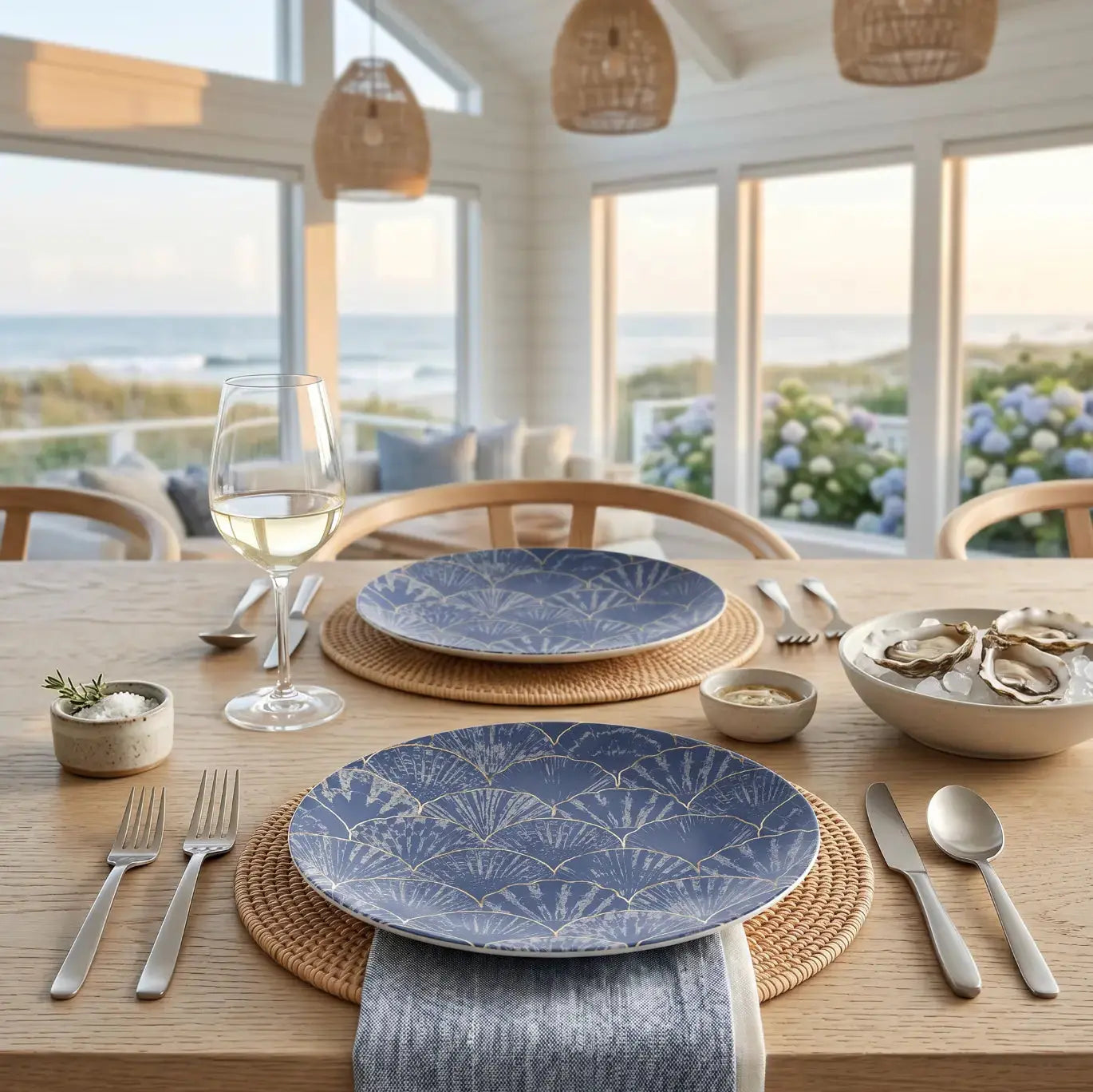 Navy seashell dinner plate with coastal shell pattern.