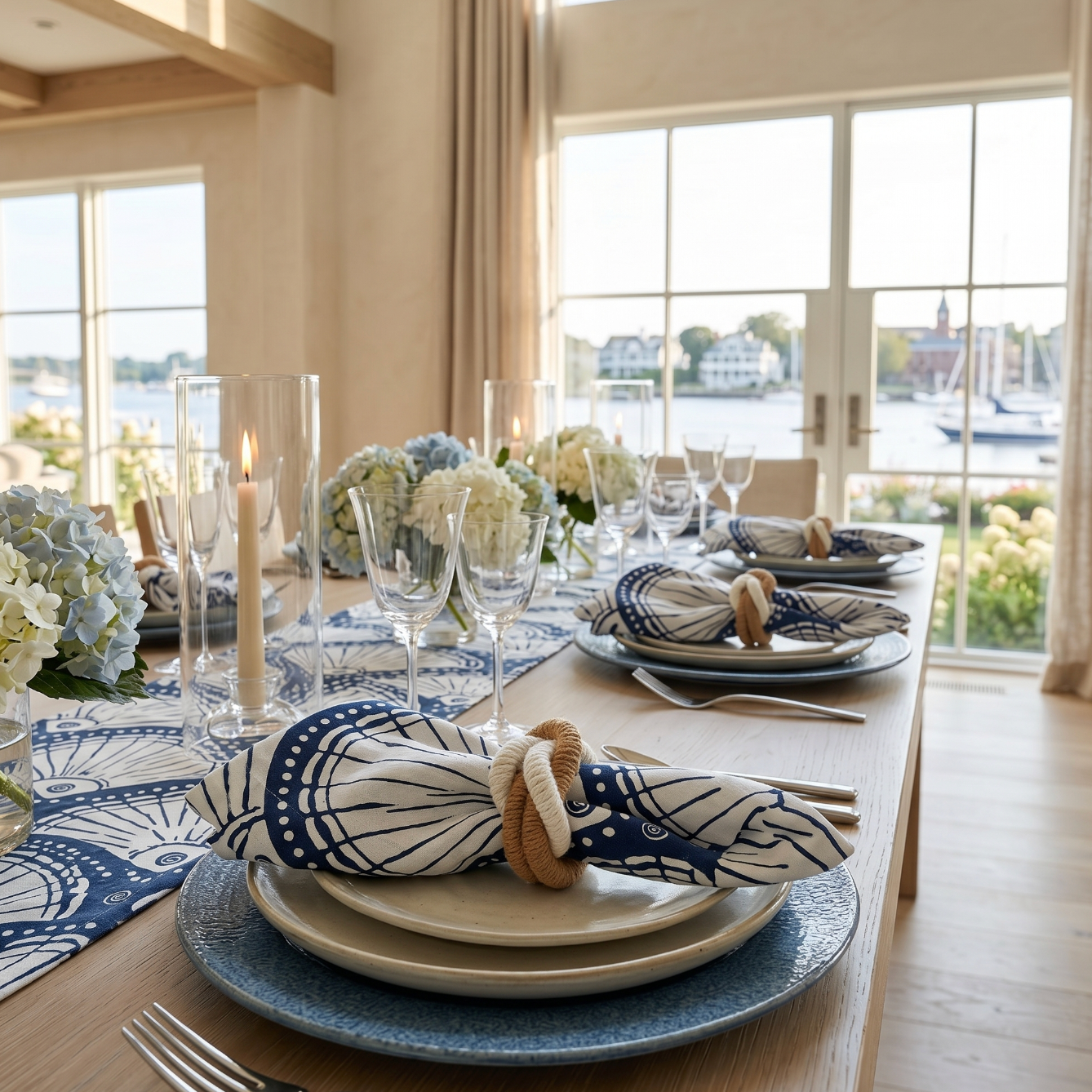 Navy linen napkins with seashell design used in a coastal inspired tablescap