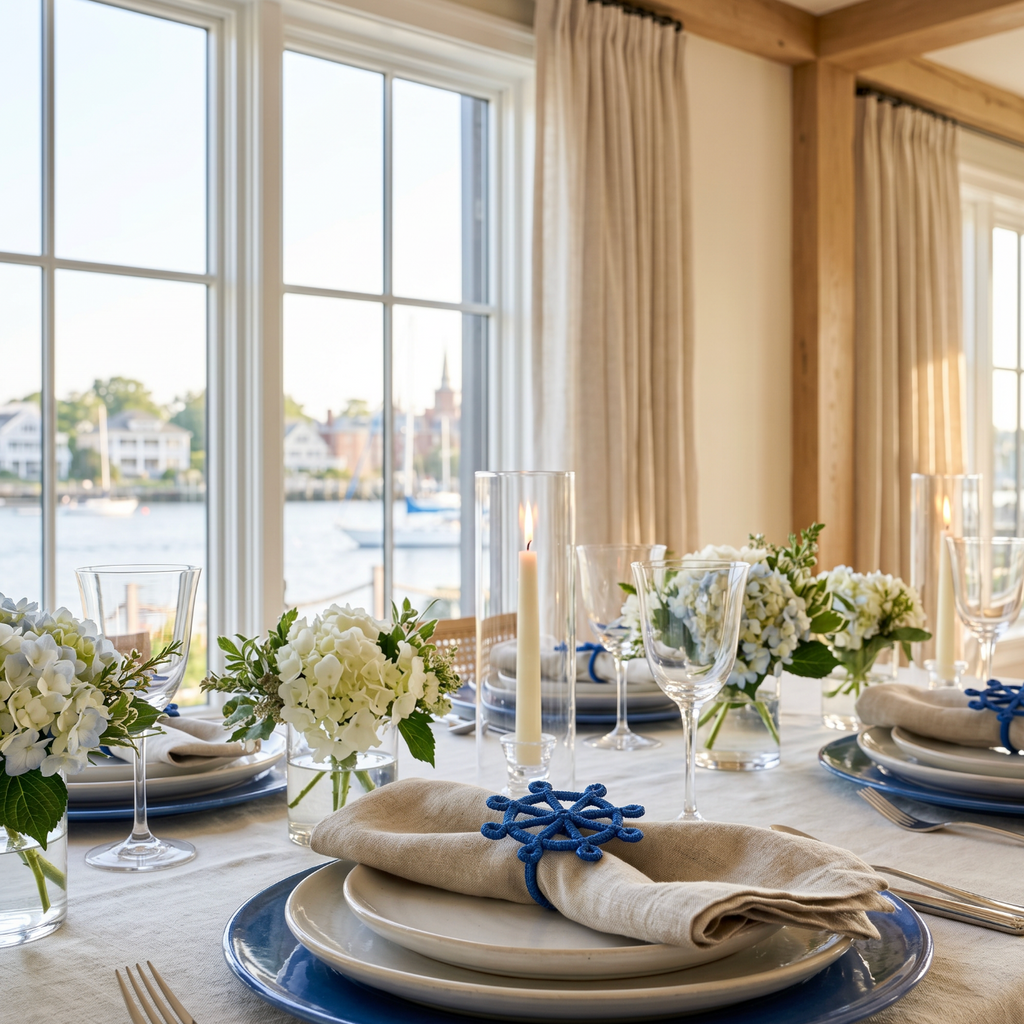 Decorative ship wheel napkin rings used on linen napkins for nautical summer table decor.