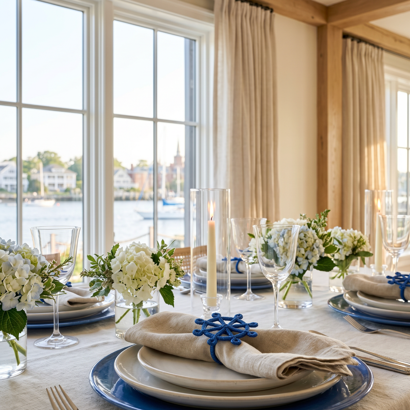 Decorative ship wheel napkin rings used on linen napkins for nautical summer table decor.