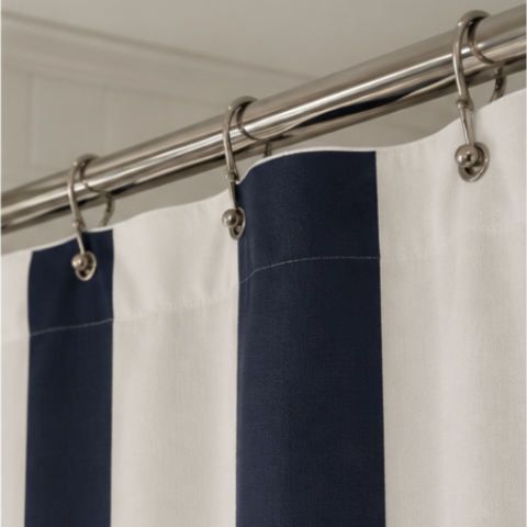 Navy and tan striped shower curtain styled in a beach house bathroom