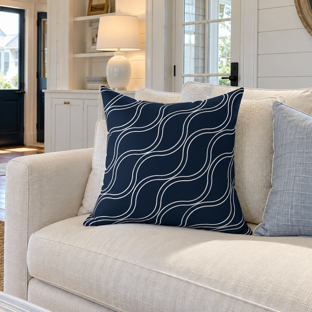 Coastal decorative pillow featuring an elegant navy abstract wave pattern.