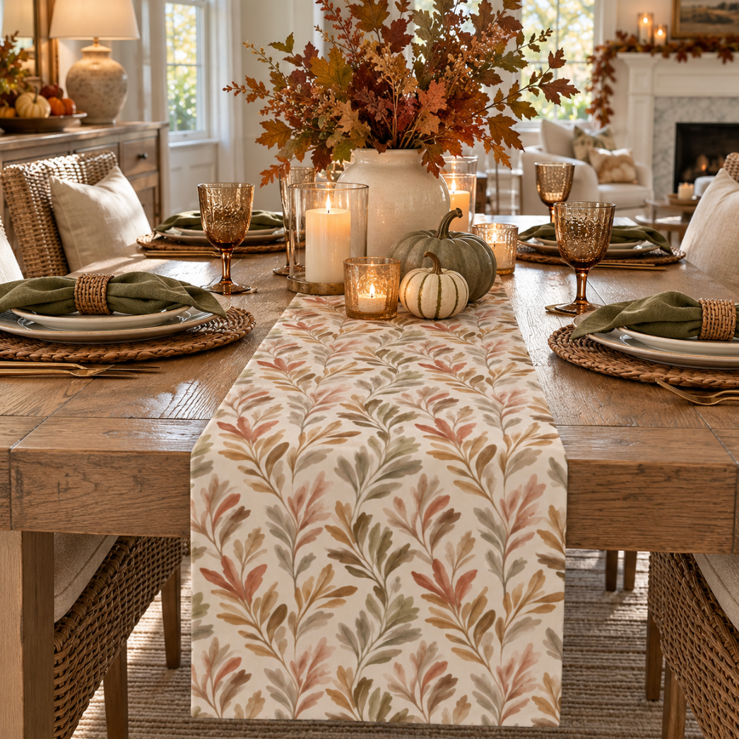 Neutral autumn table runner with a delicate repeating leaf pattern.