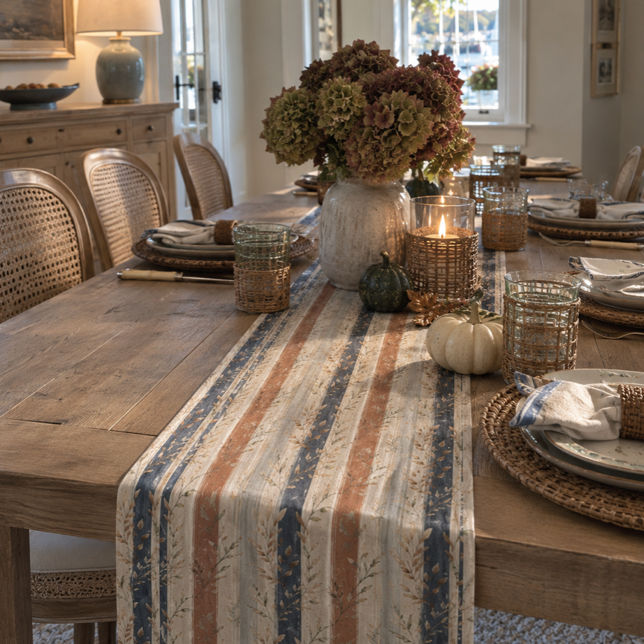 Neutral autumn striped table runner for a warm, elegant harvest dining room tablescape