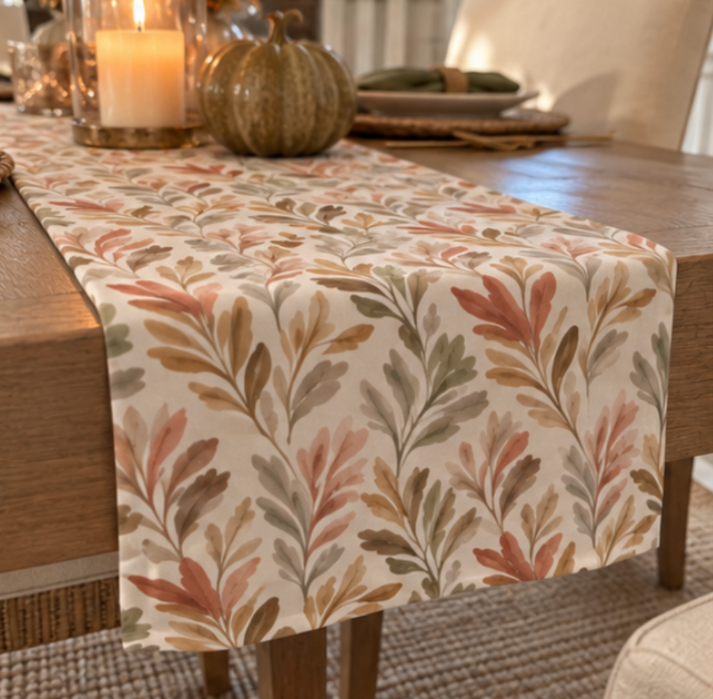 Neutral autumn table runner with a delicate repeating leaf pattern.