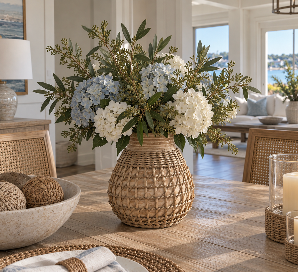 Neutral bamboo and seagrass vase for organic coastal decor