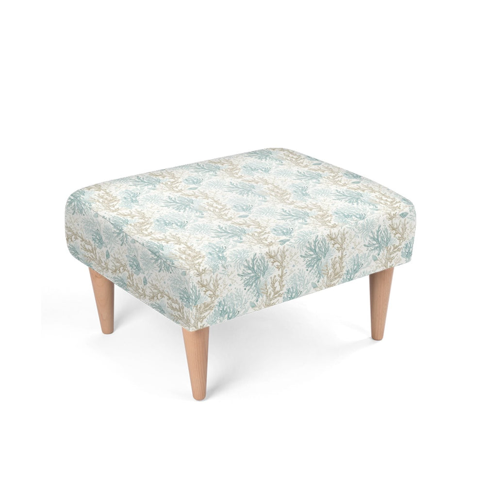 Rectangular upholstered ottoman with an allover coral-reef design, providing flexible seating or a place to rest feet.