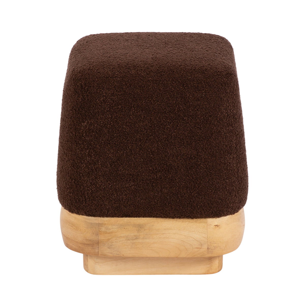 Neutral brown boucle ottoman styled as living room accent furniture