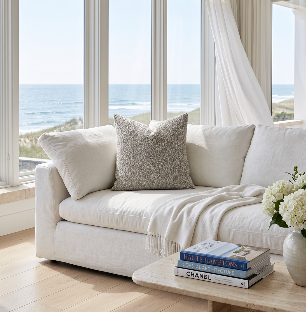 Neutral brown lumbar cushion with a tactile bouclé cover, perfect for everyday seating.