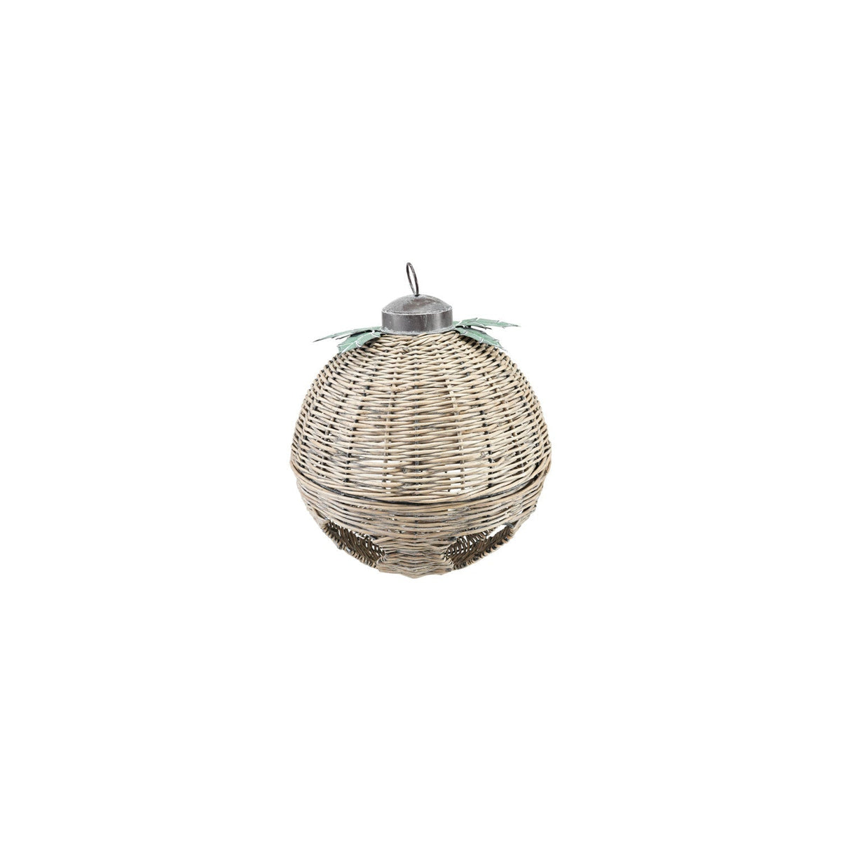 Neutral coastal Christmas vignette featuring handcrafted rattan bells and seasonal greenery.