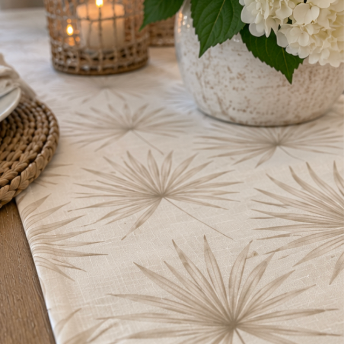 Neutral coastal dining runner featuring a delicate beige botanical pattern.