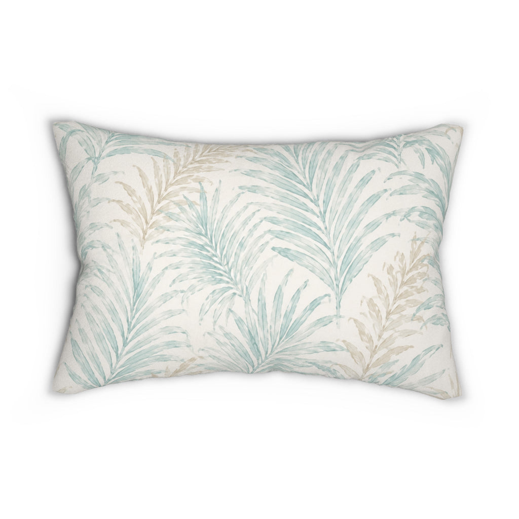 Seaside‑inspired lumbar pillow with muted palm‑style fronds that adds a relaxed, nature‑inspired touch to layered cushions.