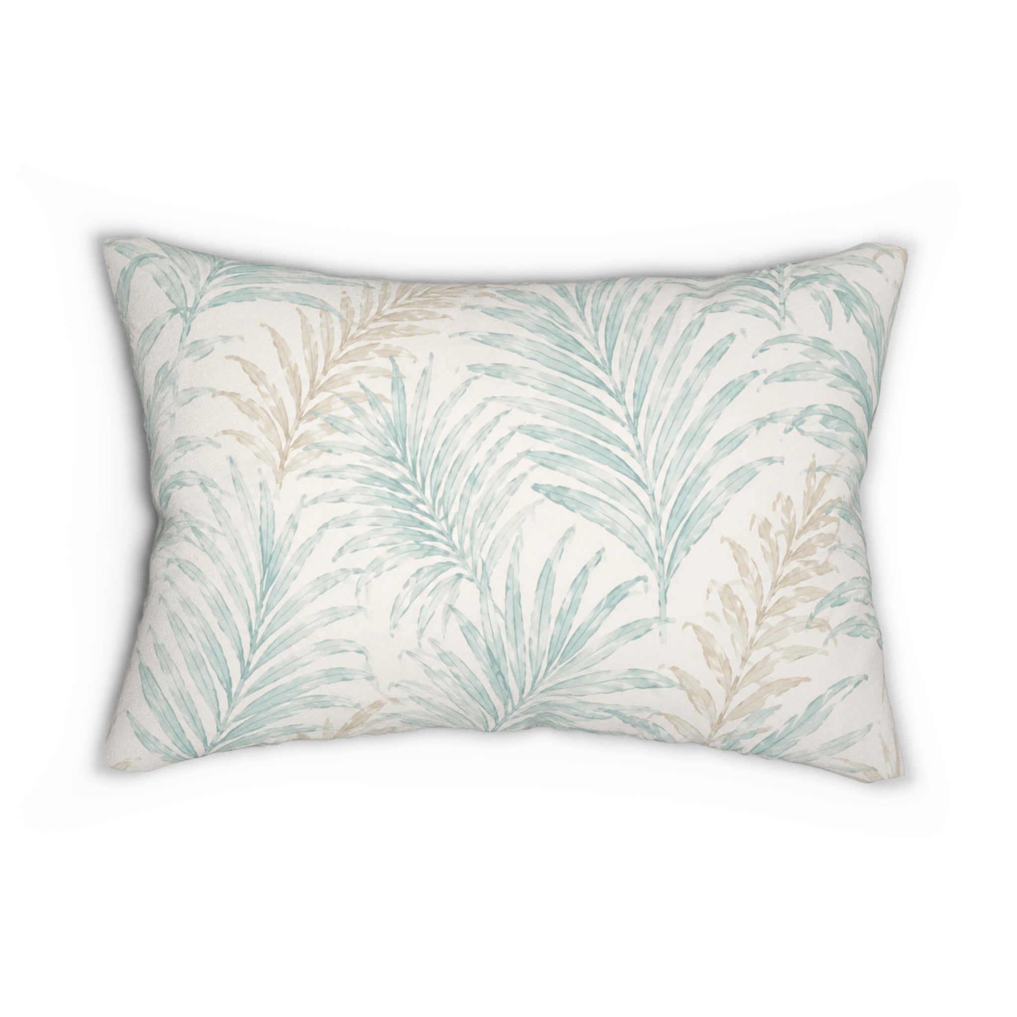 Seaside‑inspired lumbar pillow with muted palm‑style fronds that adds a relaxed, nature‑inspired touch to layered cushions.