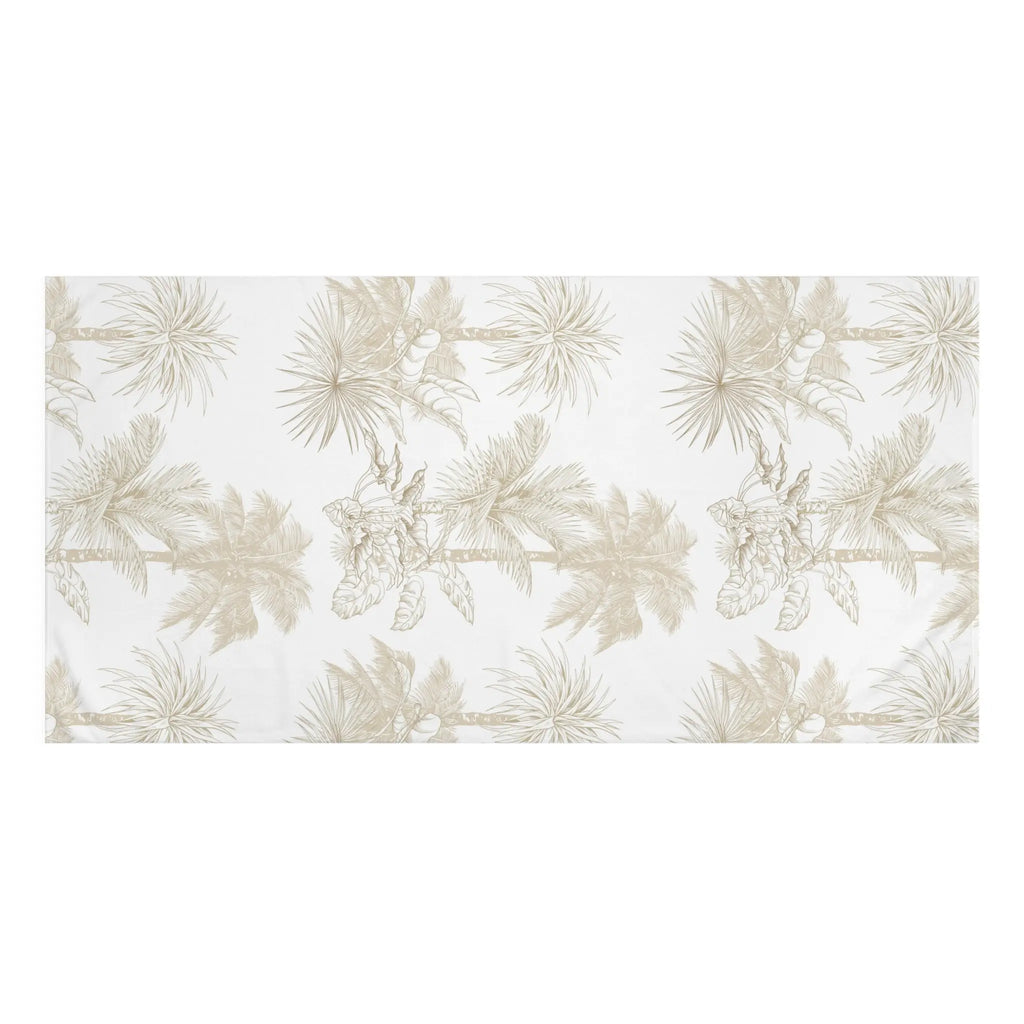 Biscayne Palm Cotton Mink Bath Towel with a soft neutral palm print on white, quick-drying cotton back.