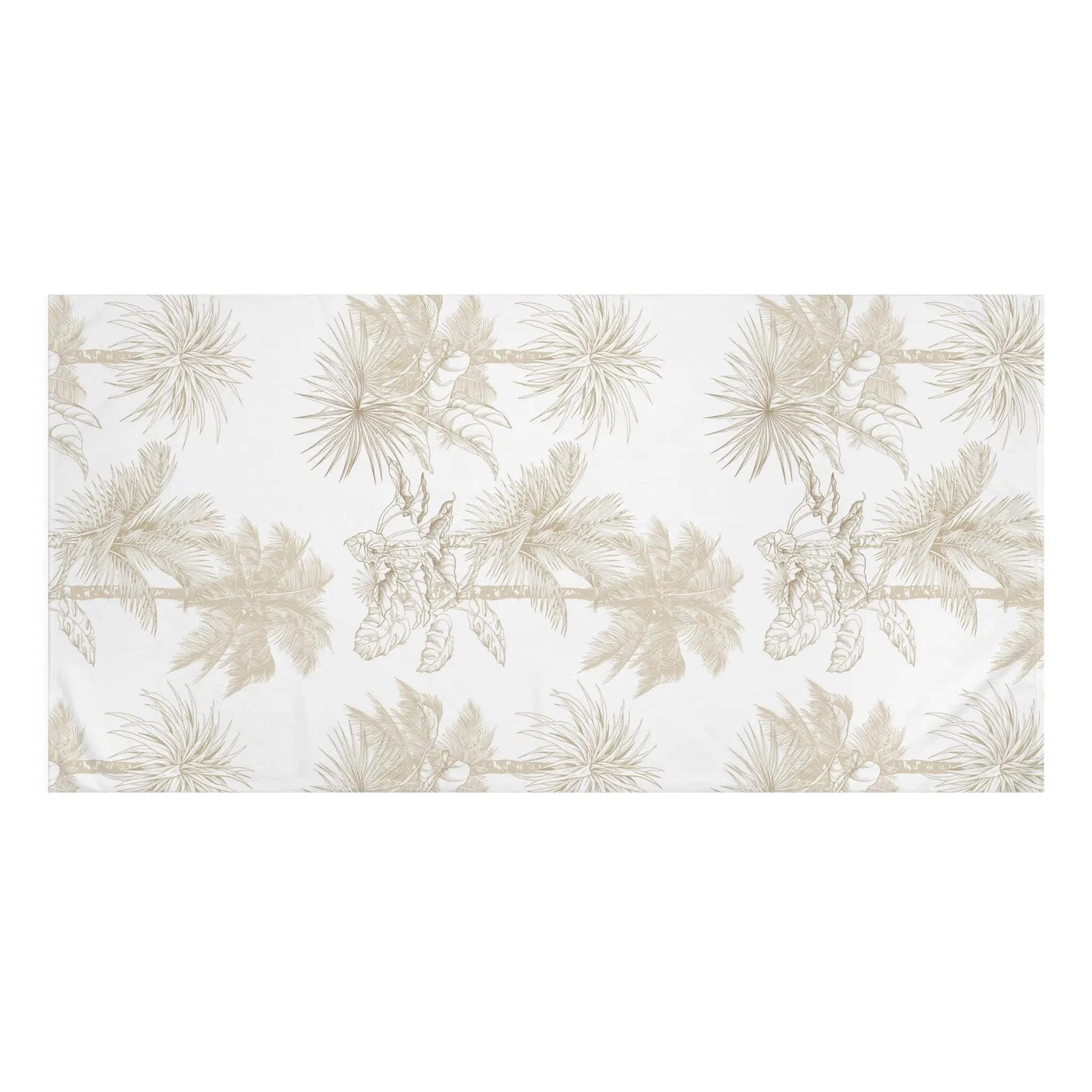 Biscayne Palm Cotton Mink Bath Towel with a soft neutral palm print on white, quick-drying cotton back.