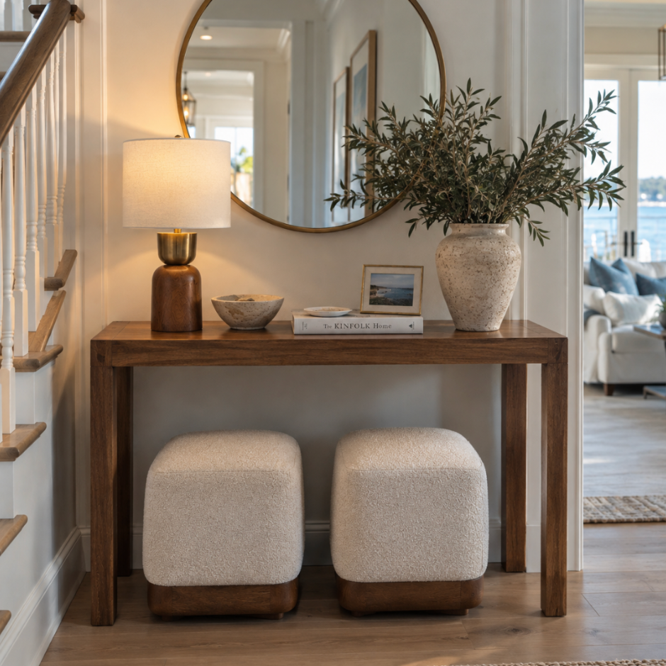 Neutral cream upholstered ottoman with a wood base as accent furniture