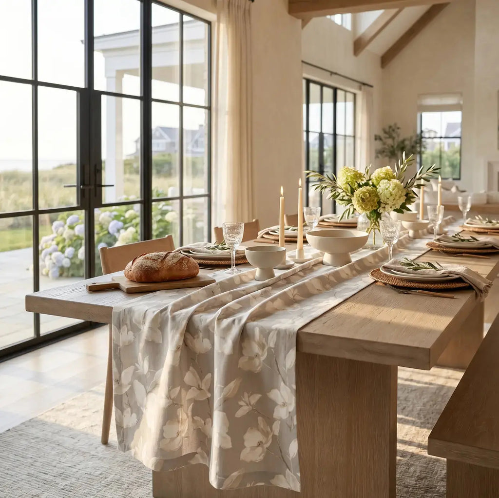 Neutral floral table runner with soft botanical pattern for beachy neutral decor