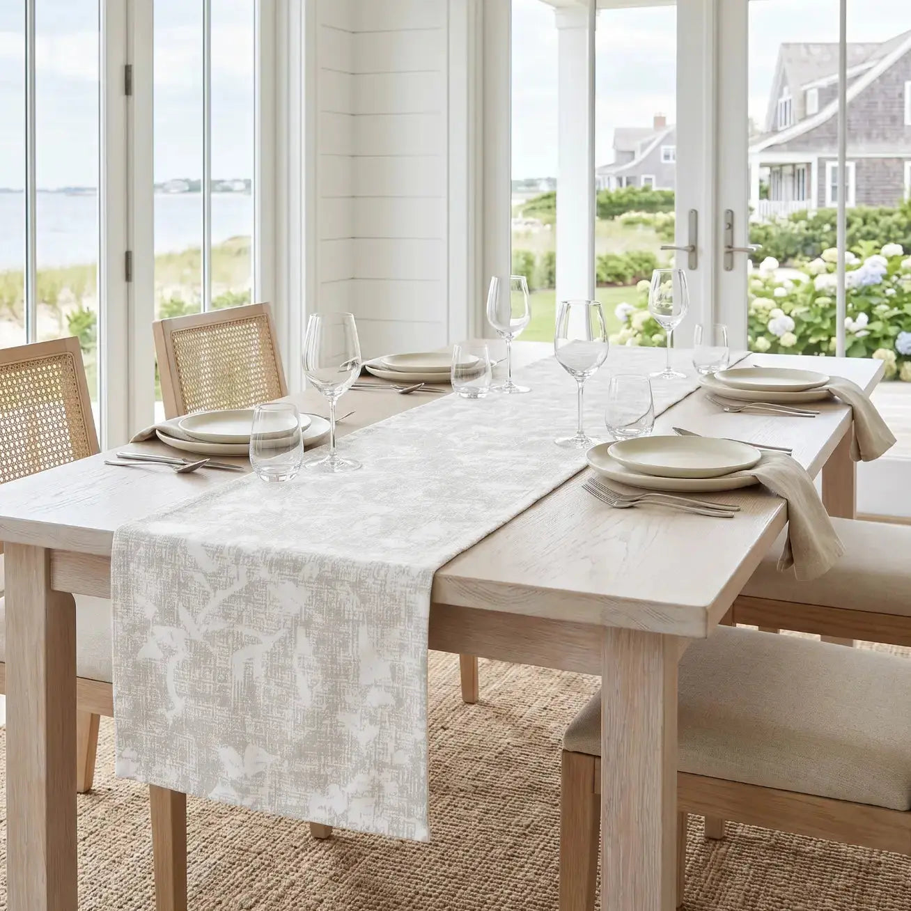 Neutral floral table runner in a relaxed coastal farmhouse dining room.