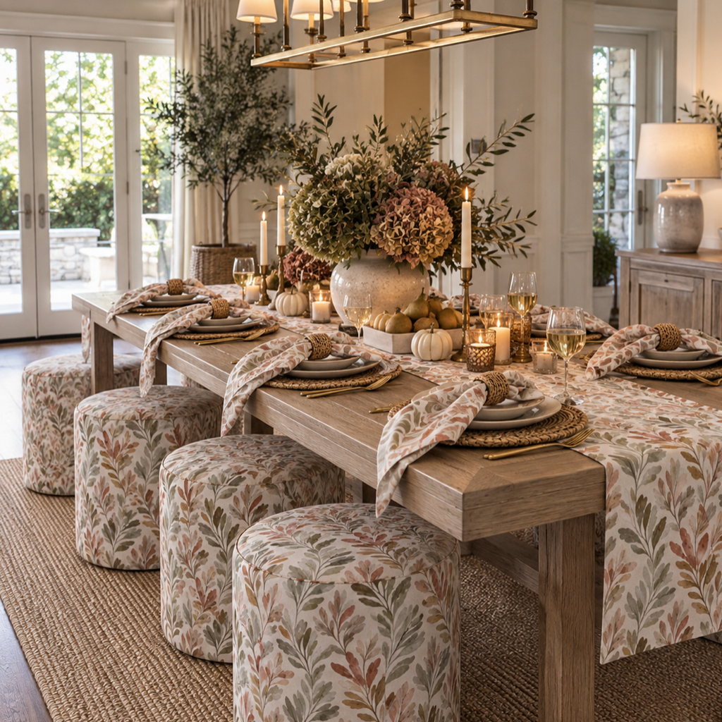 Neutral floral upholstered ottoman with a subtle, nature-inspired pattern.